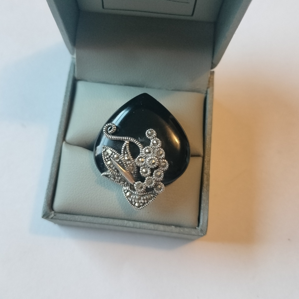 Antique Sterling Silver, Hand Made, Black Onyx, Marcasite Heart Ring